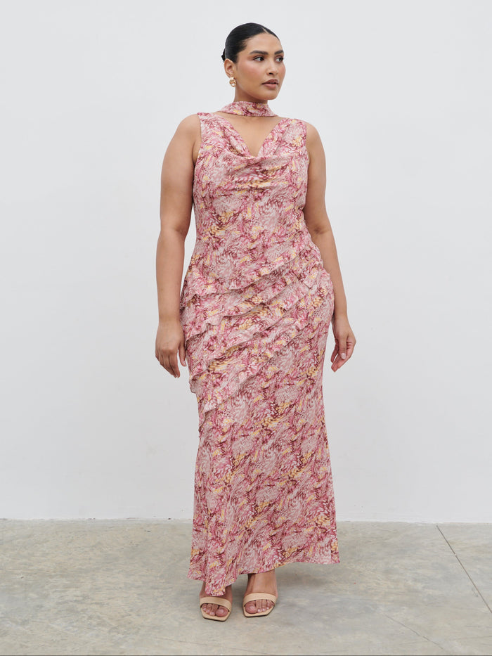 Souki Is 5'8" & Wears Size UK 18|Constance Scarf Ruffle Maxi Dress Curve - Berry Multi Abstract