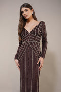 Plunge v-neck long-sleeve embellished sequin maxi dress wedding formal
