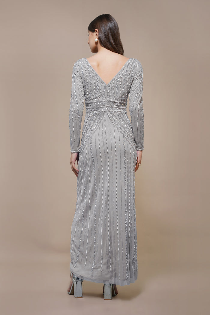 Cordelia Embellished Maxi Dress in Light Grey