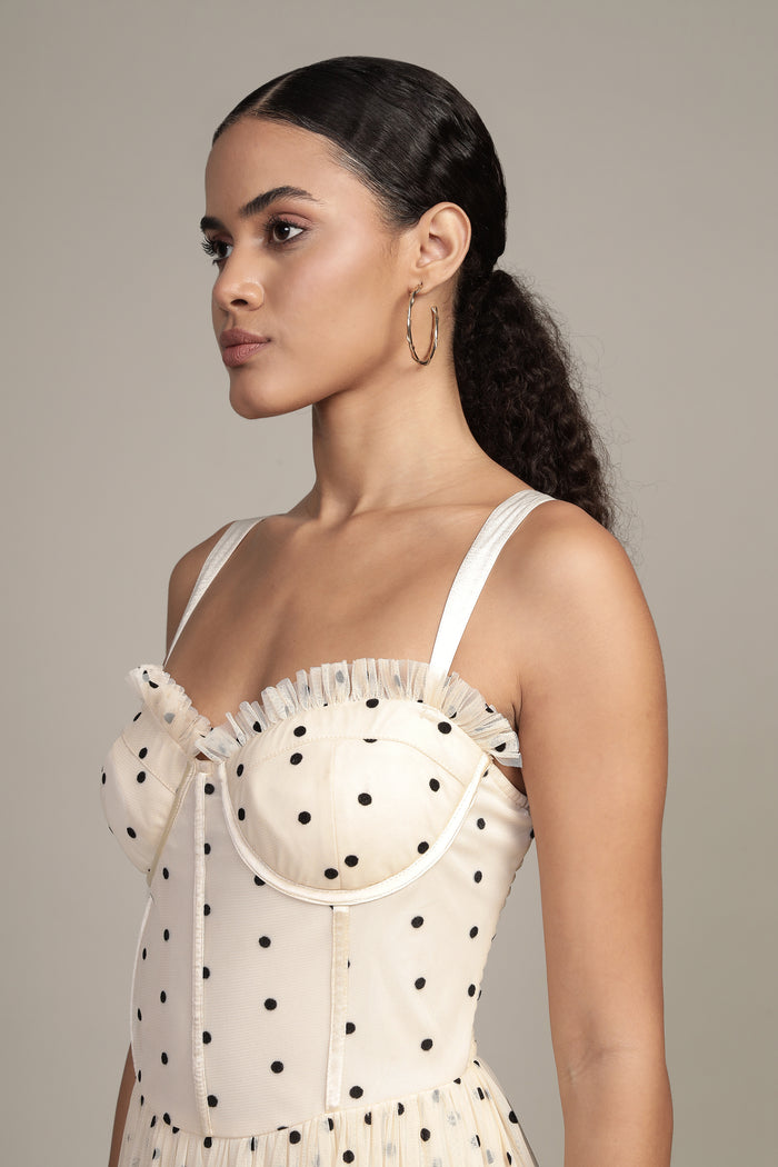 Dane Polka Dot Corset Tulle Midi Dress