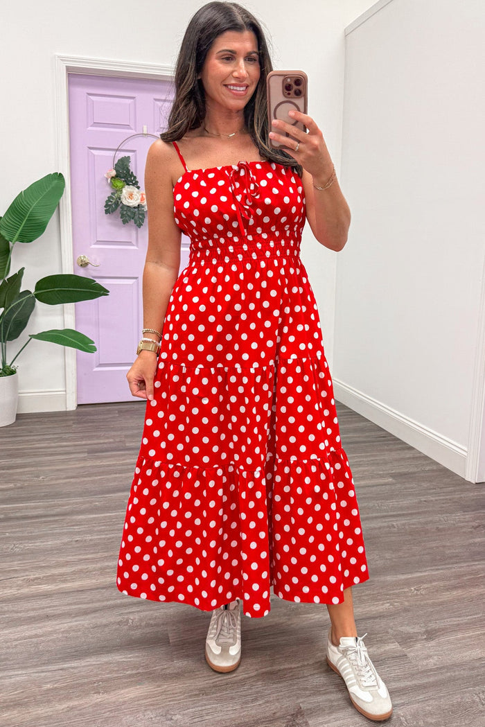 red with off white polka dot print sleeveless square neckline midi dress