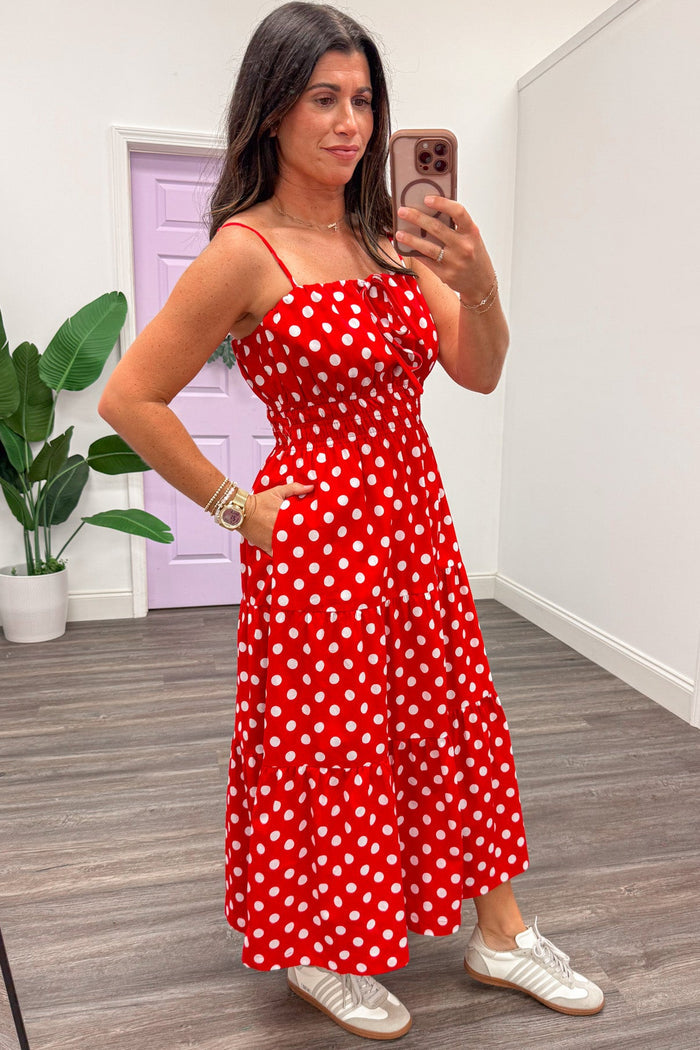 red with off white polka dot print sleeveless square neckline midi dress with side pockets