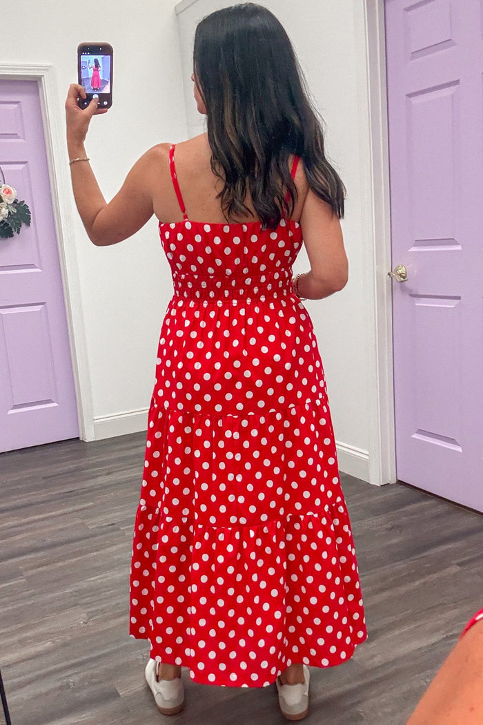 red with off white polka dot print spaghetti strap sleeveless square neckline midi dress