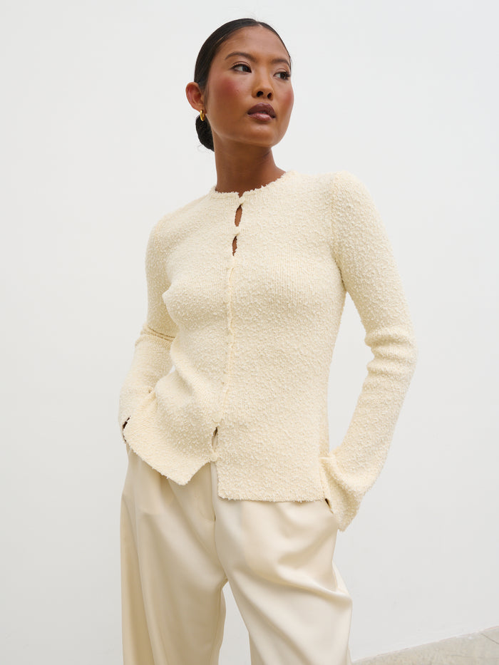 Elle Is 5'3" & Wears Size UK XS|Dayo Boucle Knit Button Down Top - Cream