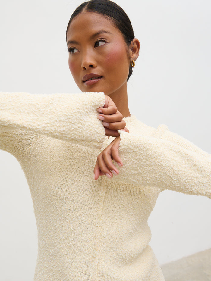 Elle Is 5'3" & Wears Size UK XS|Dayo Boucle Knit Button Down Top - Cream