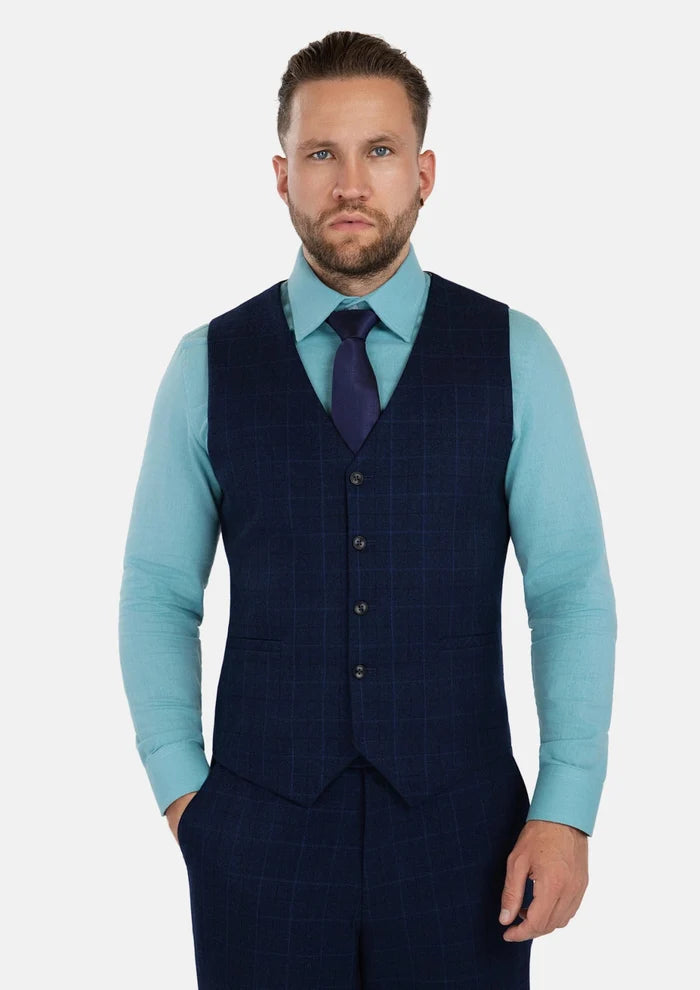 Deep Blue Flannel Windowpane Vest - SARTORO