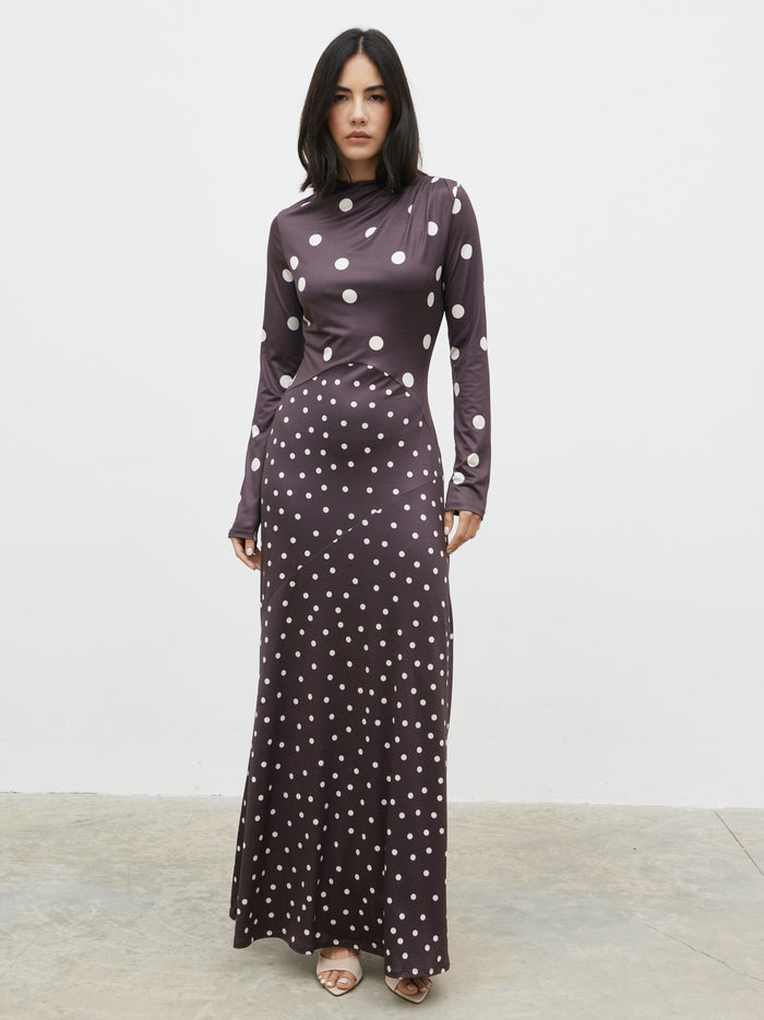 Veronica is 5'8" & Wears Size UK 6|Delilah Asymmetric Maxi Jersey Dress - Polka Dot
