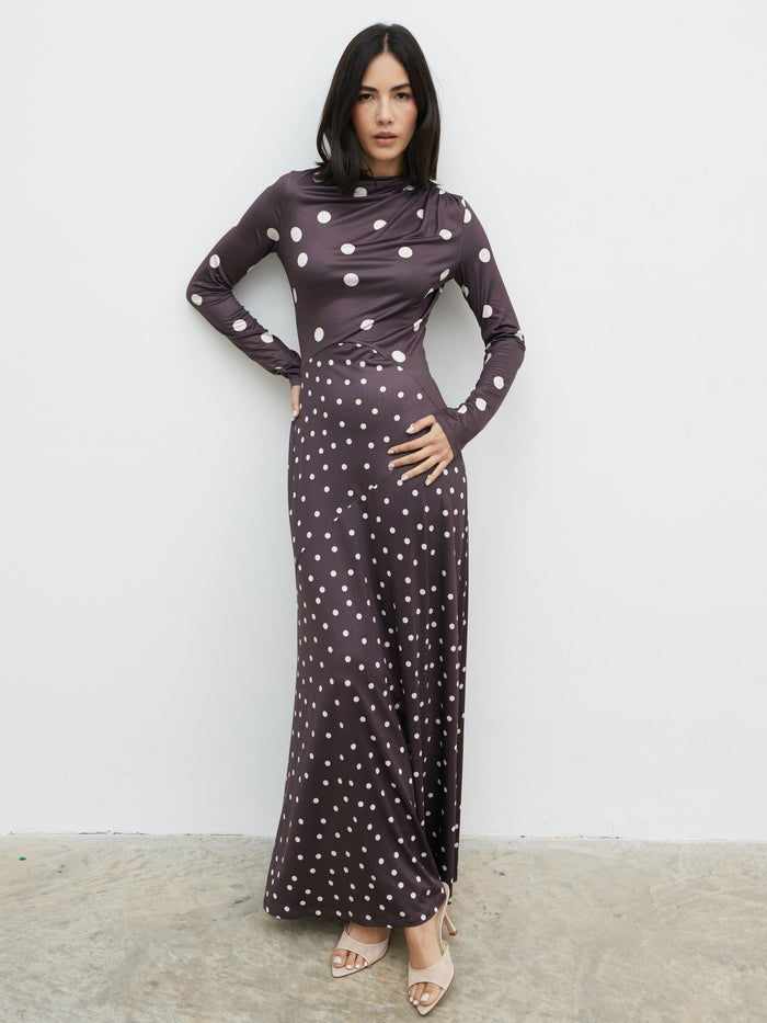 Veronica is 5'8" & Wears Size UK 6|Delilah Asymmetric Maxi Jersey Dress - Polka Dot