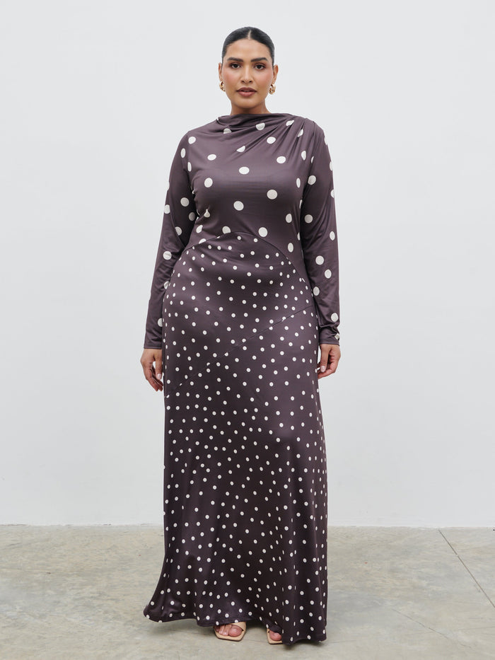 Souki Is 5'8" & Wears Size UK 18|Delilah Asymmetric Maxi Jersey Dress Curve - Polka Dot