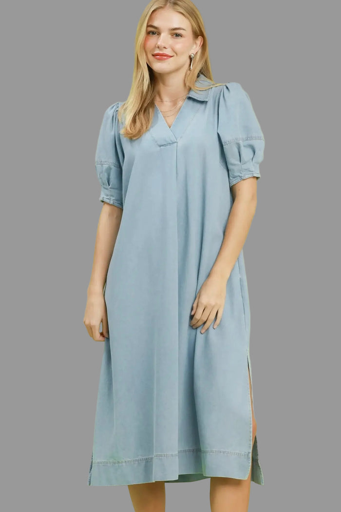 Umgee women's light blue washed denim maxi dress