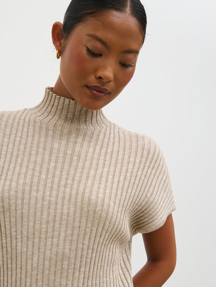 Elle Is 5'3" & Wears Size UK XS|Dionne Short Sleeve Knit Top - Taupe Marl