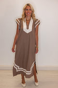 Women's mocha linen midi dress with caftan-inspired cream band trim by Entro
