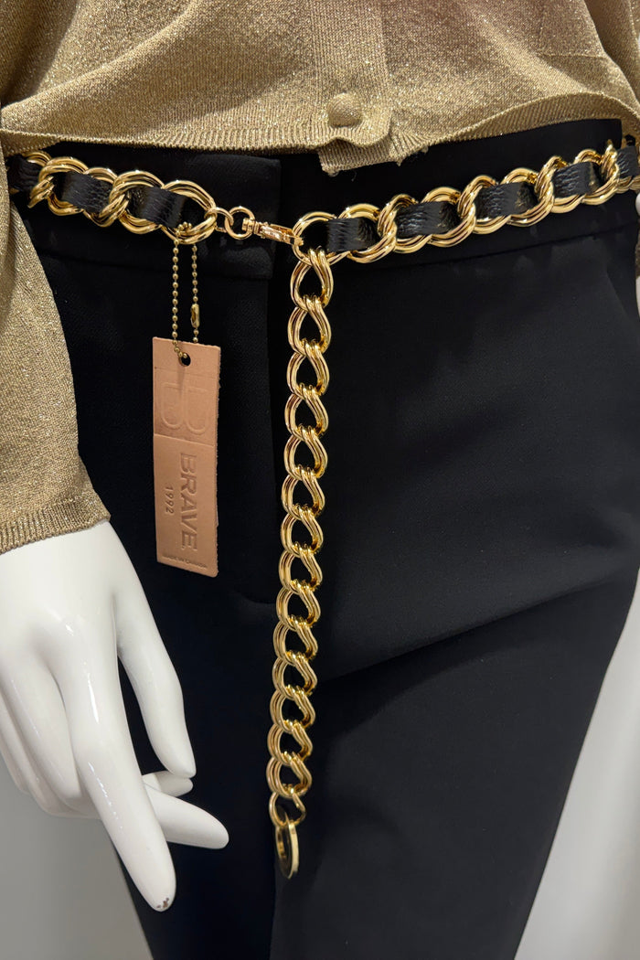 Doone Brave Leather Simple Chain Belt Gold/Black Wide