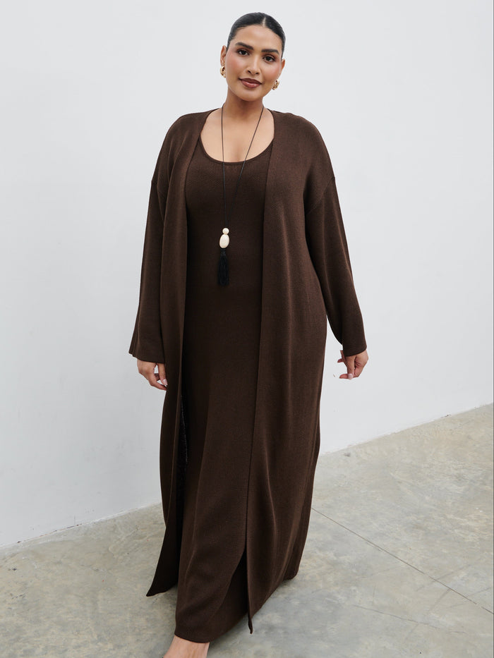 Souki Is 5'8" & Wears Size UK XL|Dora Maxi Knit Cardigan Curve - Chocolate Brown
