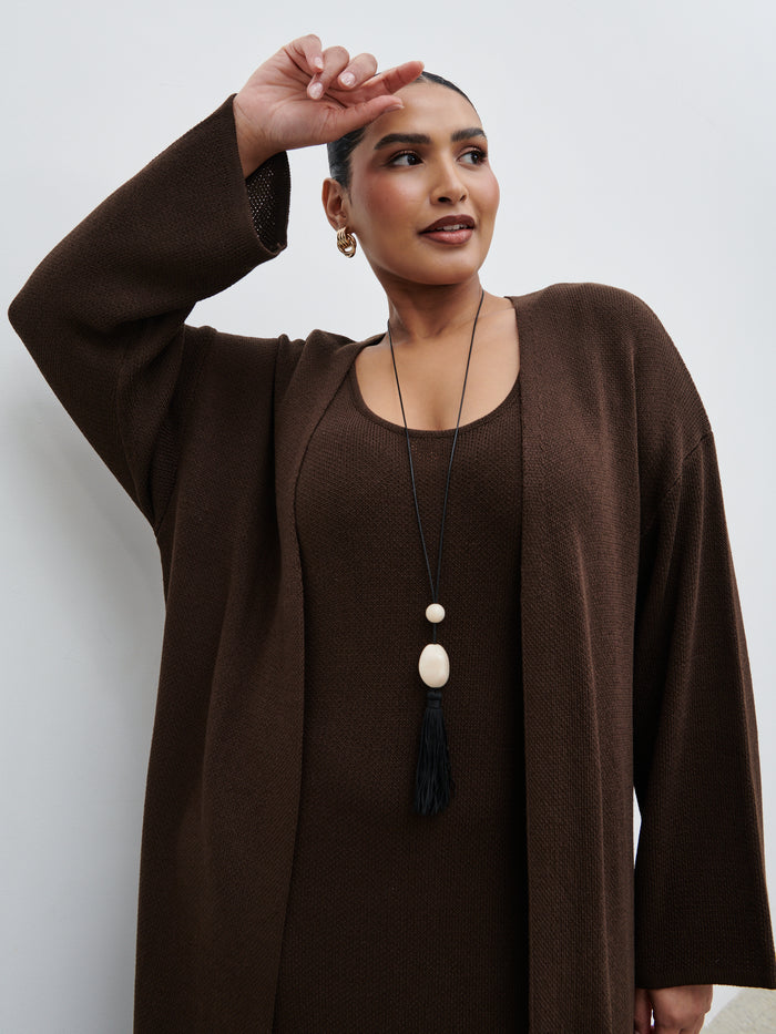 Souki Is 5'8" & Wears Size UK XL|Dora Maxi Knit Cardigan Curve - Chocolate Brown