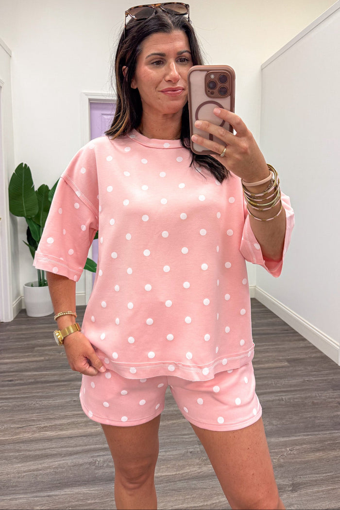light pink with white polka dot print crew neckline top and shorts matching knit athleisure set