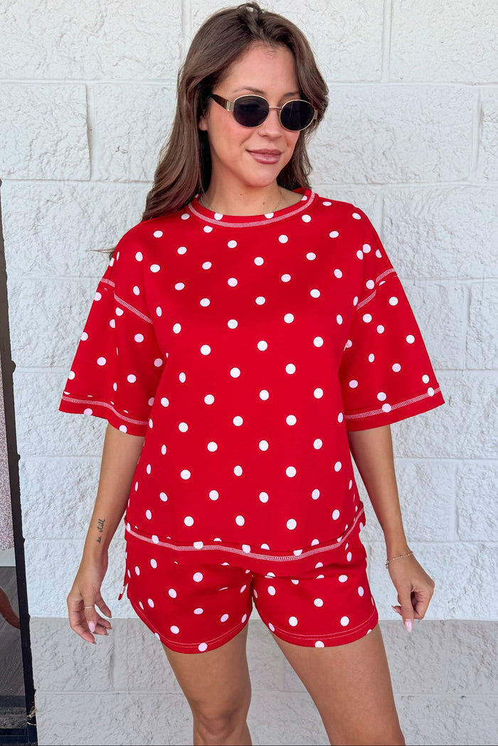 red with white polka dot print crew neckline top and shorts matching knit athleisure set