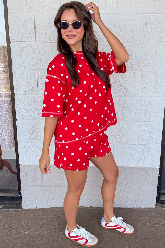 red with white polka dot print top and shorts matching knit loungewear set