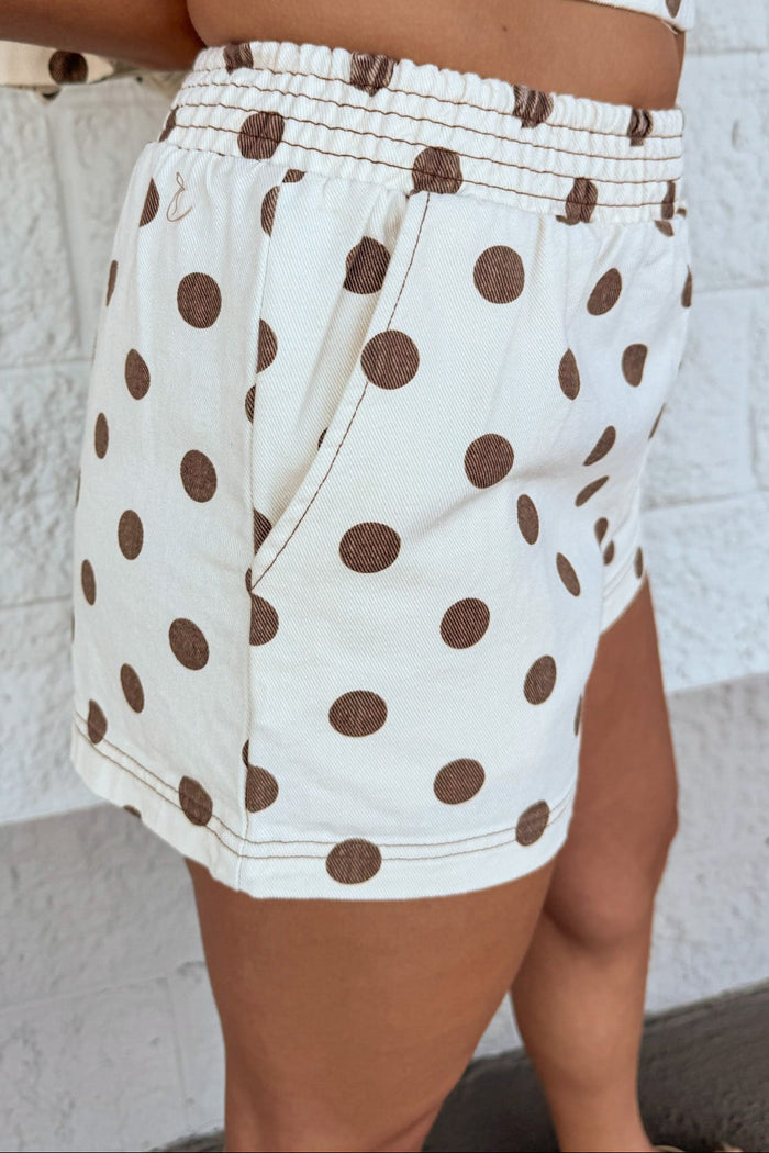 cream with brown polka dot print elastic waistband wide leg denim shorts with front pockets