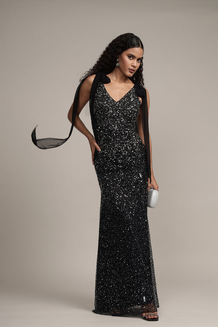 embellished black maxi dress tie-sleeves