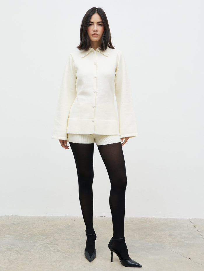 Veronica is 5'8" & Wears Size UK XS|Ellice Collared Knit Cardigan - Cream