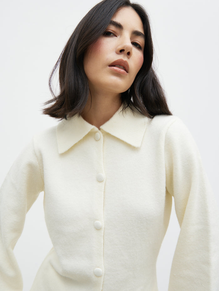 Veronica is 5'8" & Wears Size UK XS|Ellice Collared Knit Cardigan - Cream