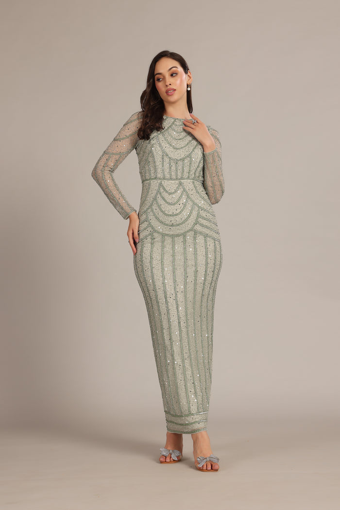 Embellished Modest Wedding Party Formal Long-Sleeve Maxi Dress Sage Green