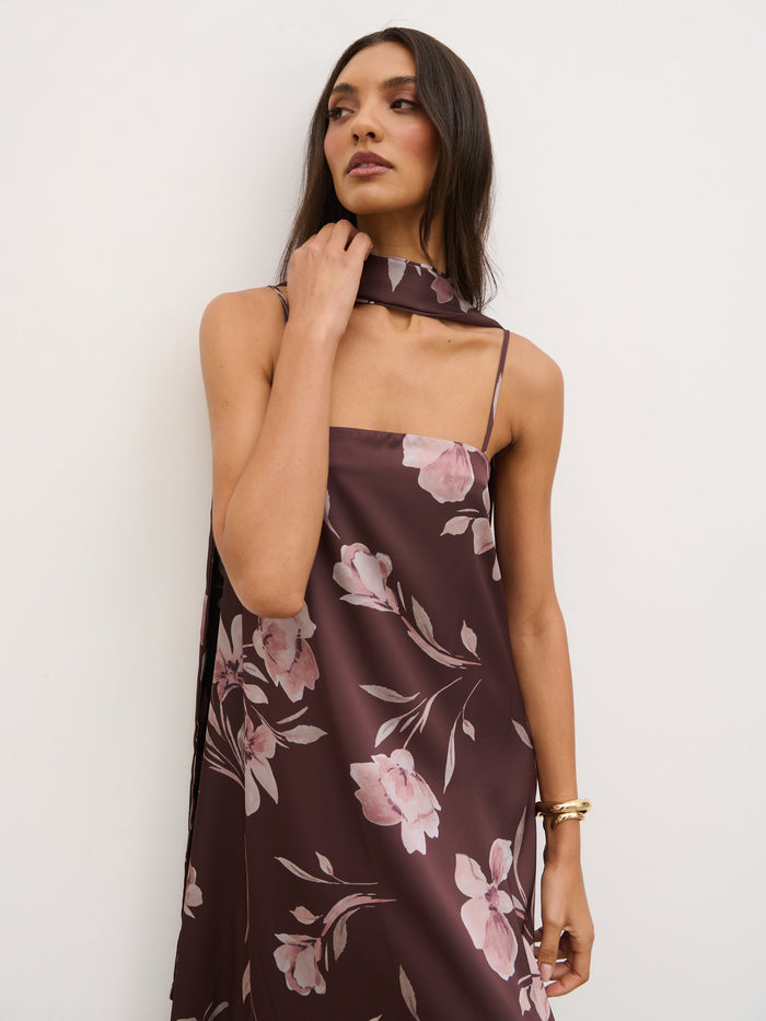 Lana is 5'9.5" & Wears Size UK 8|Elowen Scarf A-Line Maxi Dress - Brown Botanical Lily Floral