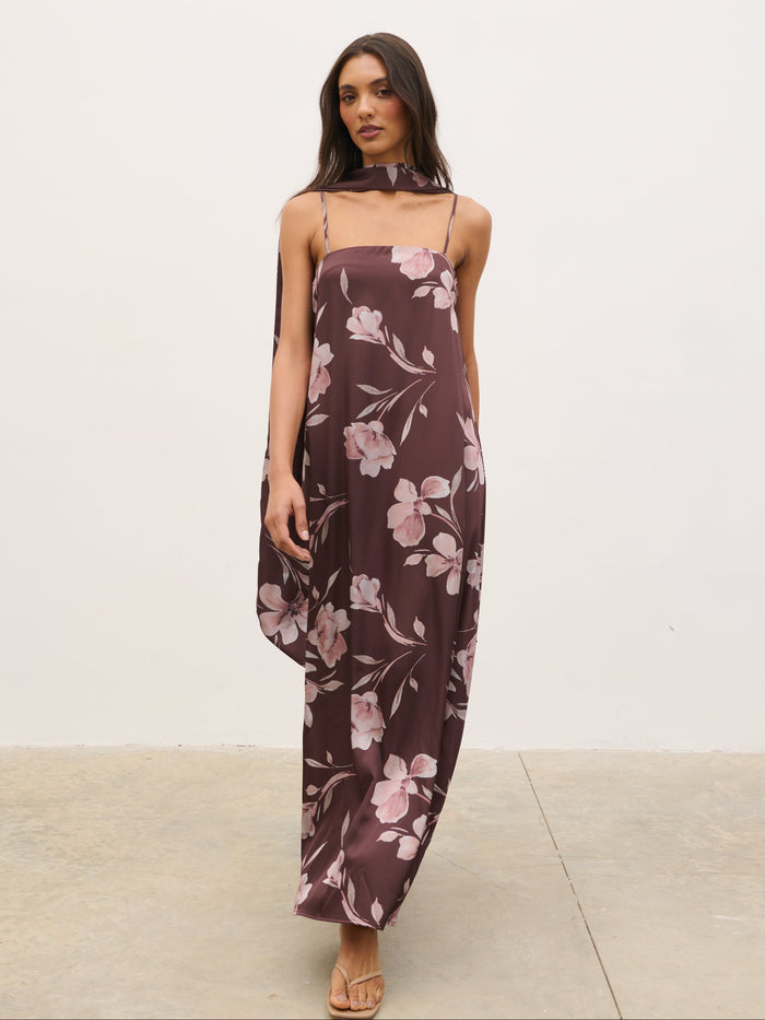 Lana is 5'9.5" & Wears Size UK 8|Elowen Scarf A-Line Maxi Dress - Brown Botanical Lily Floral