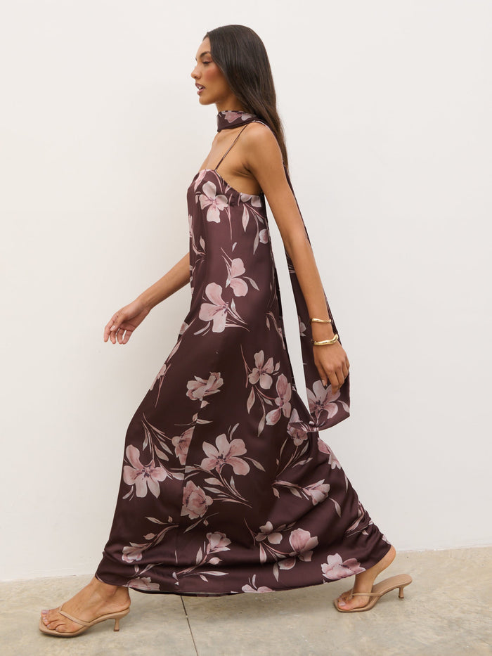 Lana is 5'9.5" & Wears Size UK 8|Elowen Scarf A-Line Maxi Dress - Brown Botanical Lily Floral