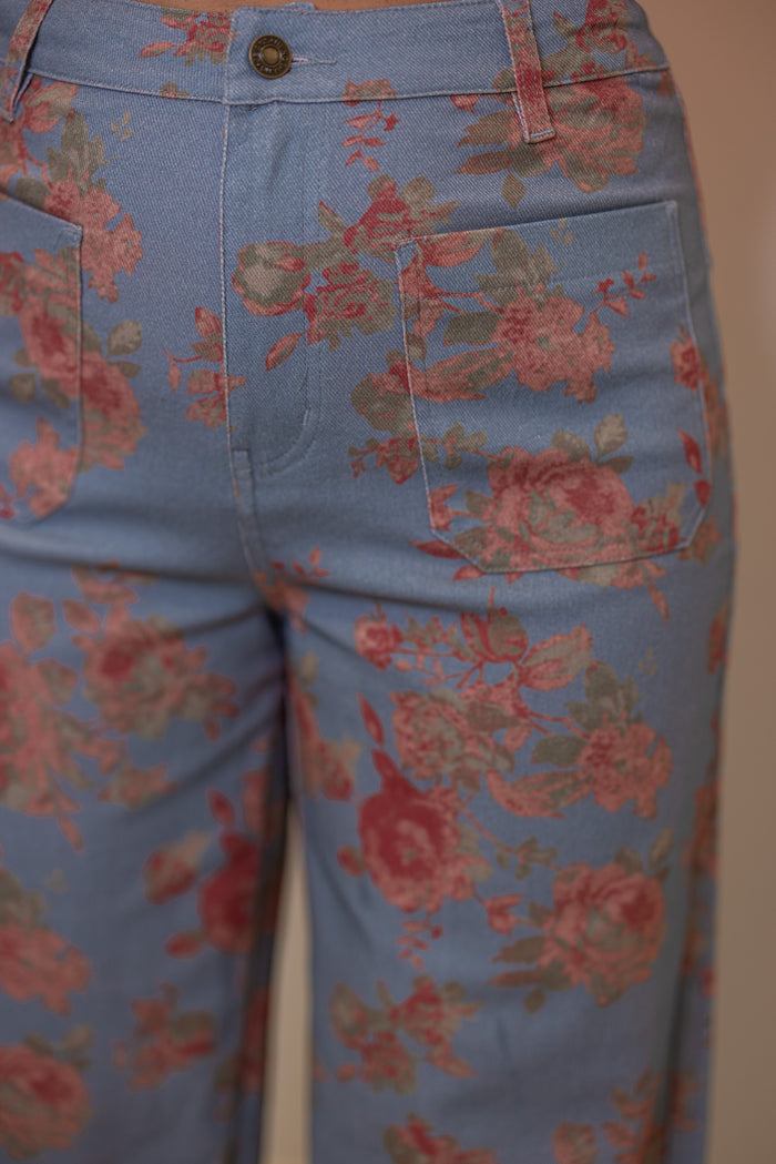 Women's trendy blue twill floral print wide leg pants by Entro