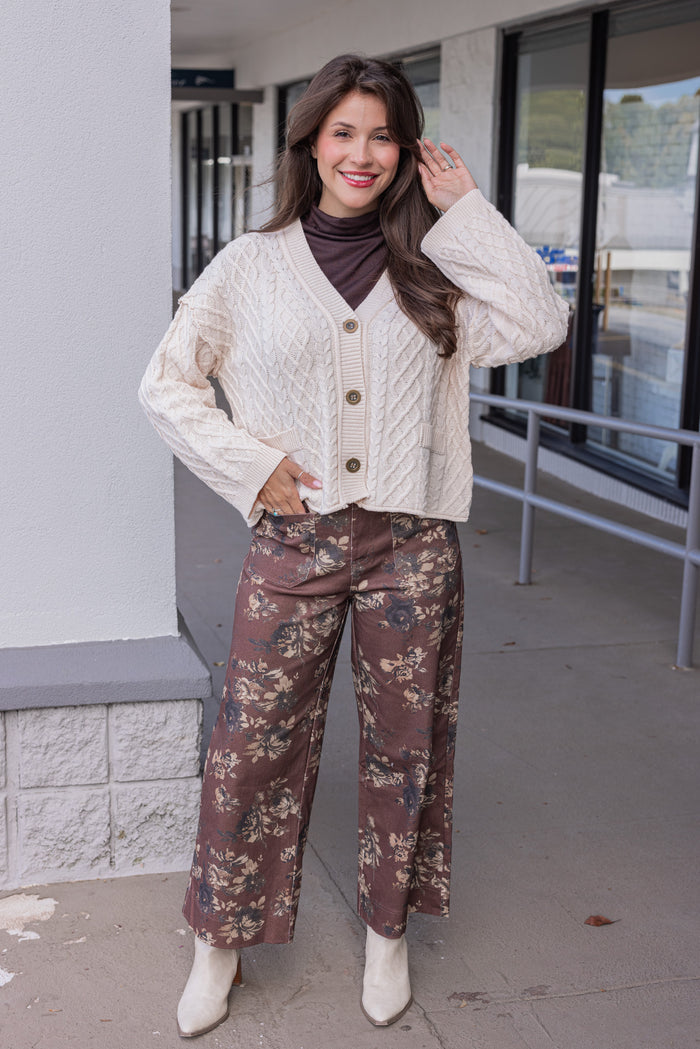 Women's brown twill floral print wide leg pants by Entro showing full front view