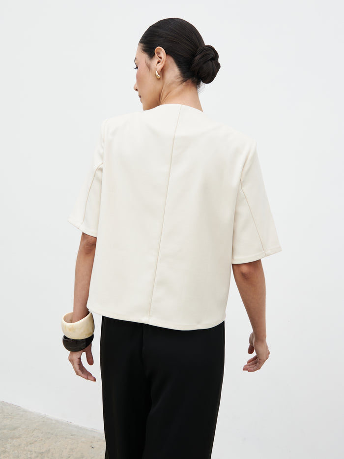 Veronica is 5'8" & Wears Size UK 6|Essie Short Sleeve Button Down Top - Stone