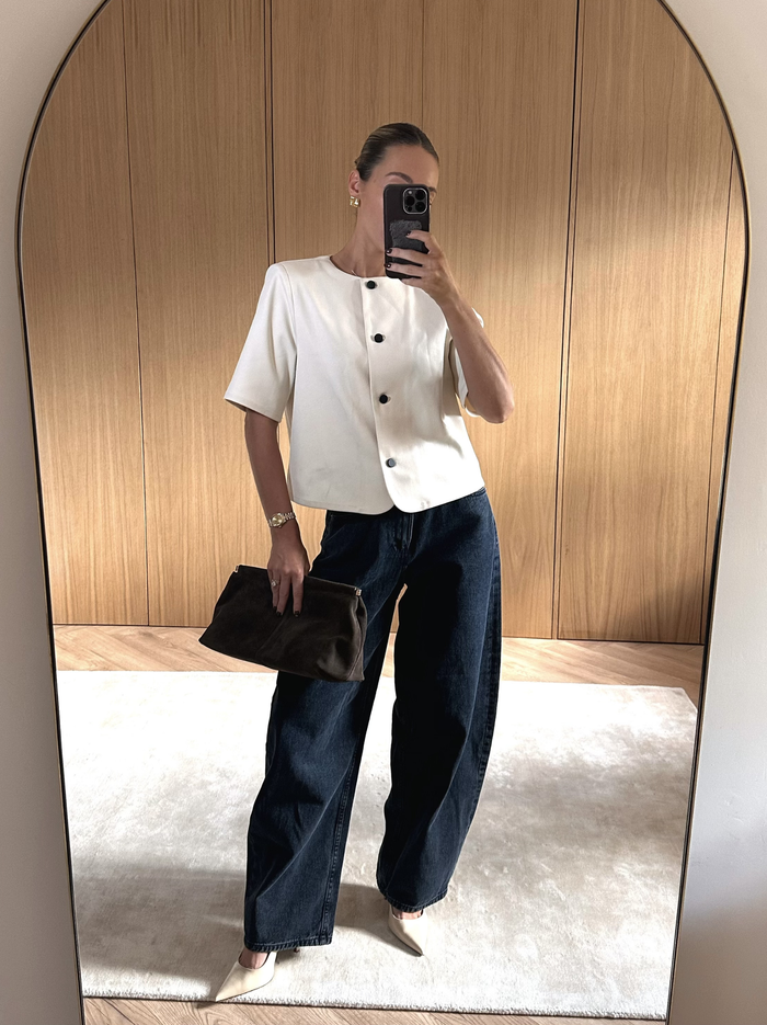 Veronica is 5'8" & Wears Size UK 6|Essie Short Sleeve Button Down Top - Stone