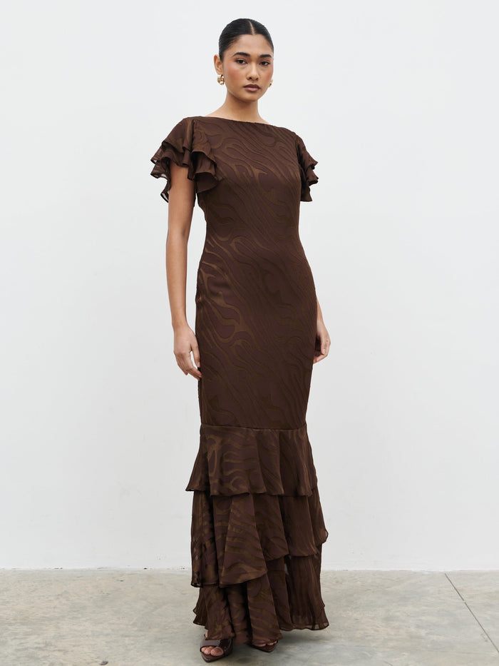 Candy Is 5'6" & Wears Size UK 8|Ester Ruffle Jacquard Maxi Dress - Brown Devore