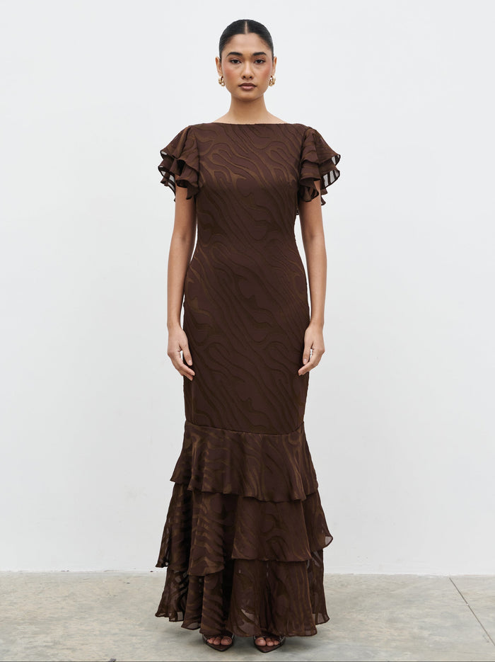 Candy Is 5'6" & Wears Size UK 8|Ester Ruffle Jacquard Maxi Dress - Brown Devore
