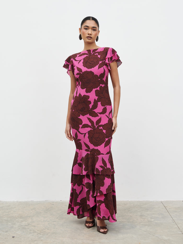 Candy Is 5'6" & Wears Size UK 8|Ester Ruffle Maxi Dress - Brown and Fuchsia Floral