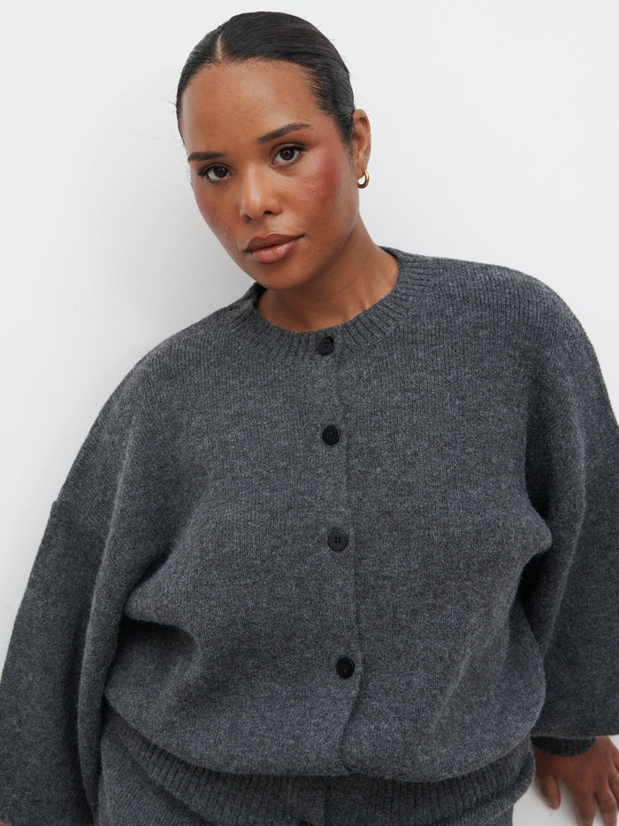 Steffy is 5'7" & Wears Size UK XL|Etta Knit Bomber Curve - Charcoal