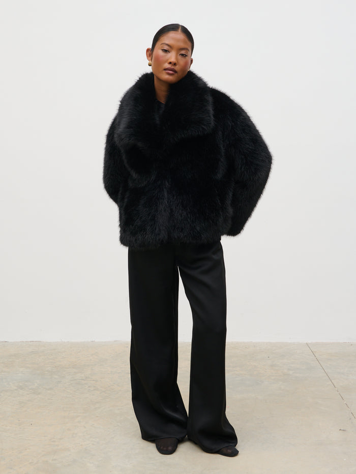 Elle Is 5'3" & Wears Size UK XS|Ettalie Short Faux Fur Coat - Black