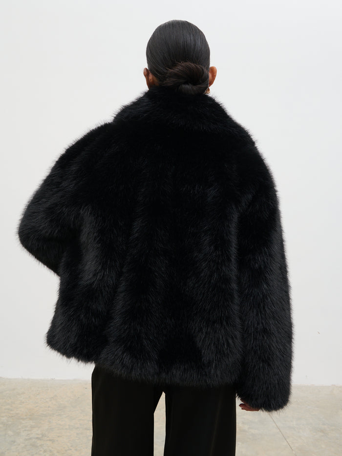 Elle Is 5'3" & Wears Size UK XS|Ettalie Short Faux Fur Coat - Black