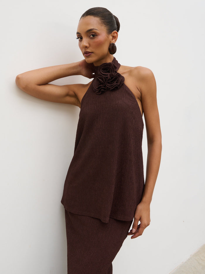 Lana is 5'9.5" & Wears Size UK 8|Evalina Corsage Halterneck Top - Brown
