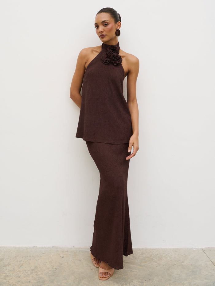 Lana is 5'9.5" & Wears Size UK 8|Evalina Corsage Halterneck Top - Brown
