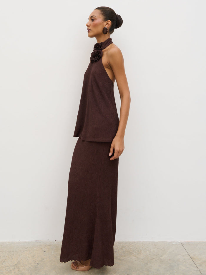 Lana is 5'9.5" & Wears Size UK 8|Evalina Corsage Halterneck Top - Brown