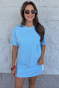 solid sky blue short sleeve french terry knit top