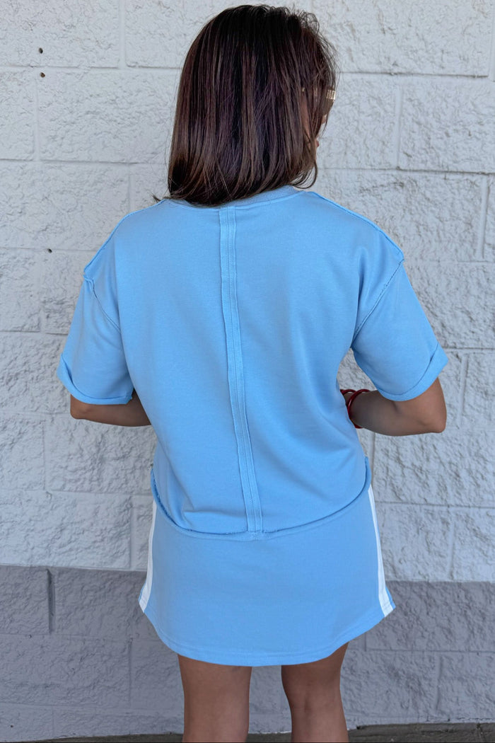 solid sky blue short sleeve french terry knit top back view