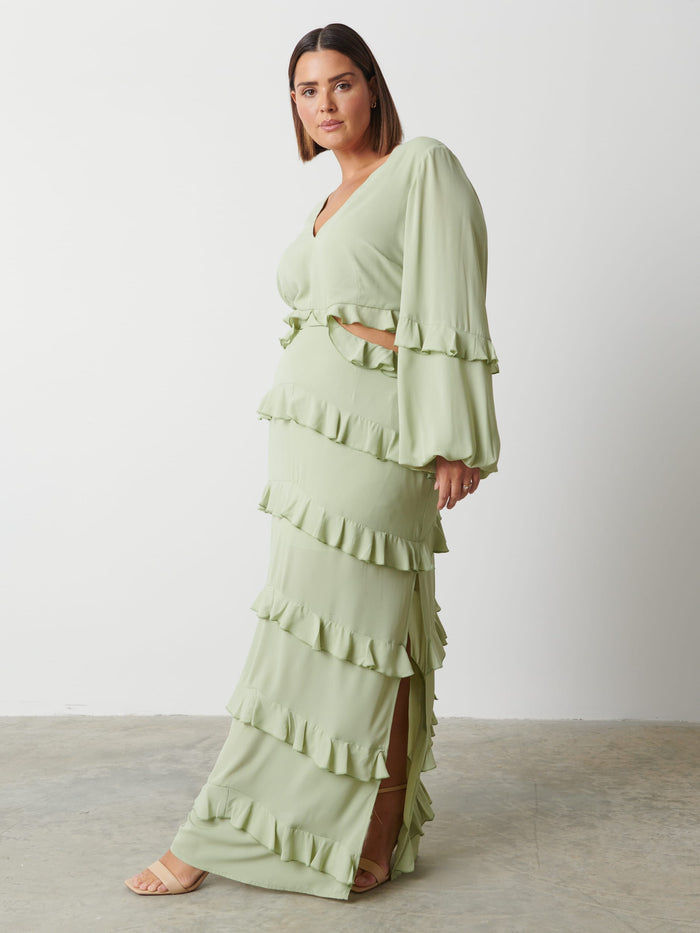 Rafaela Is 5'9" & Wears Size UK 18|Evie Ruffle Maxi Dress Curve - Sage