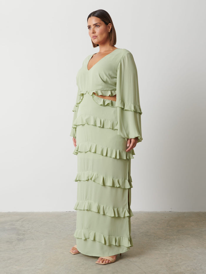 Rafaela Is 5'9" & Wears Size UK 18|Evie Ruffle Maxi Dress Curve - Sage