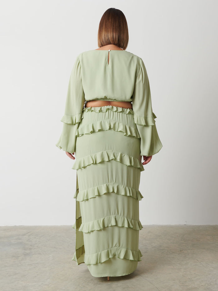 Rafaela Is 5'9" & Wears Size UK 18|Evie Ruffle Maxi Dress Curve - Sage
