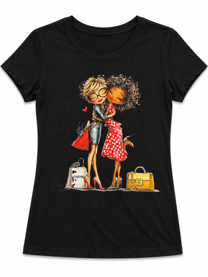 Black short sleeve graphic tee featuring a colorful illustration of two fashionable friends as the standout front design.