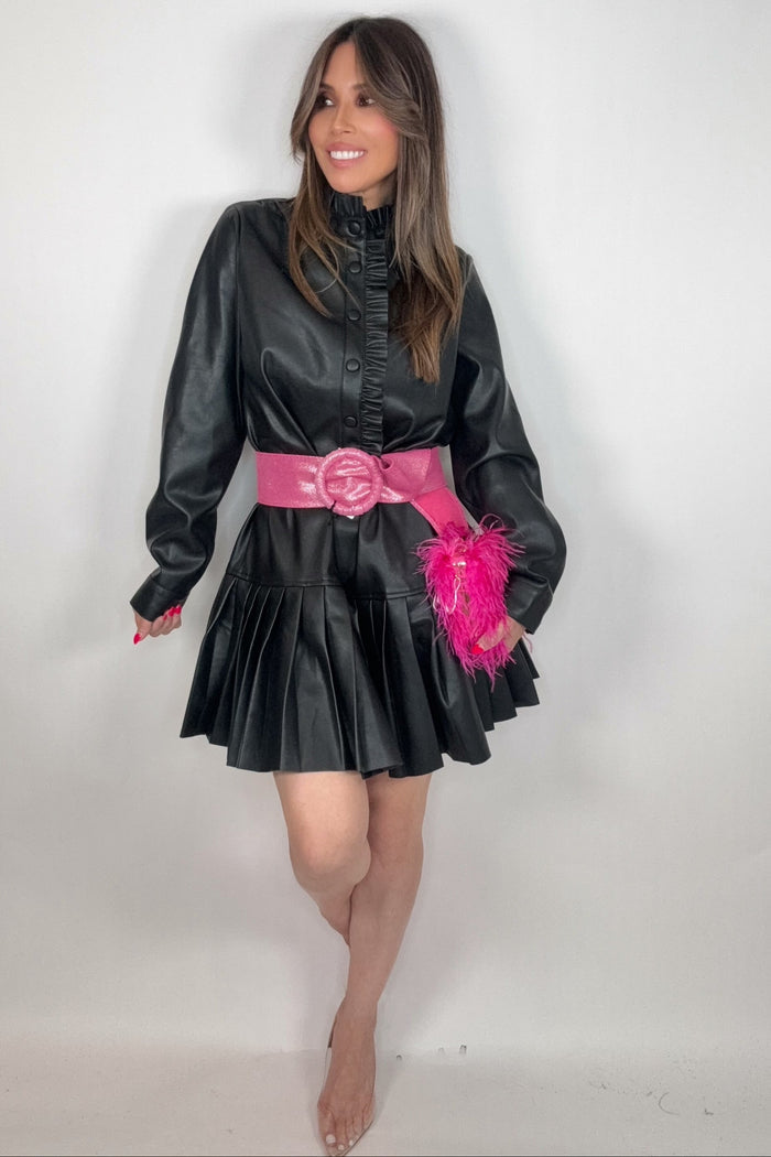Style the Fate Black Ruffle Detail Pleated Faux Leather Dress exclusively at Born To Glam